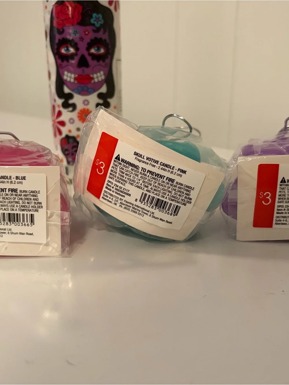 Day of the Dead Skull Candle Trio - Pink, Teal, Purple